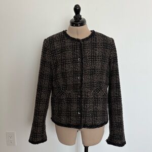 Womens Tweed Coat Size 14 Black Tan Button Front Plaid Autumn Winter Classy